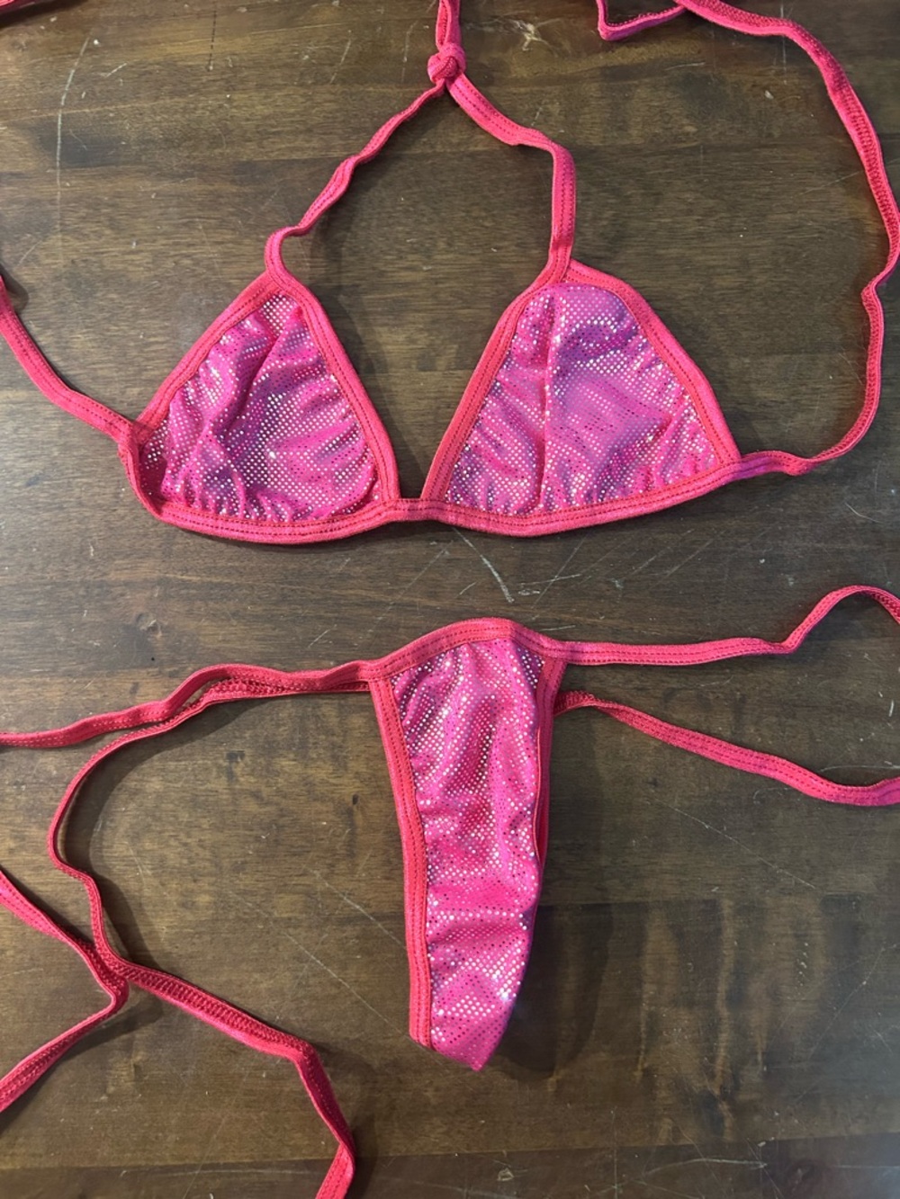 NWOT Handmade Dark Pink (Red) Ice & Dark (Red) Pink Tri-Top Thong Bottom Bikini
